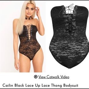 NWT Black Lace Up Thong Bodysuit